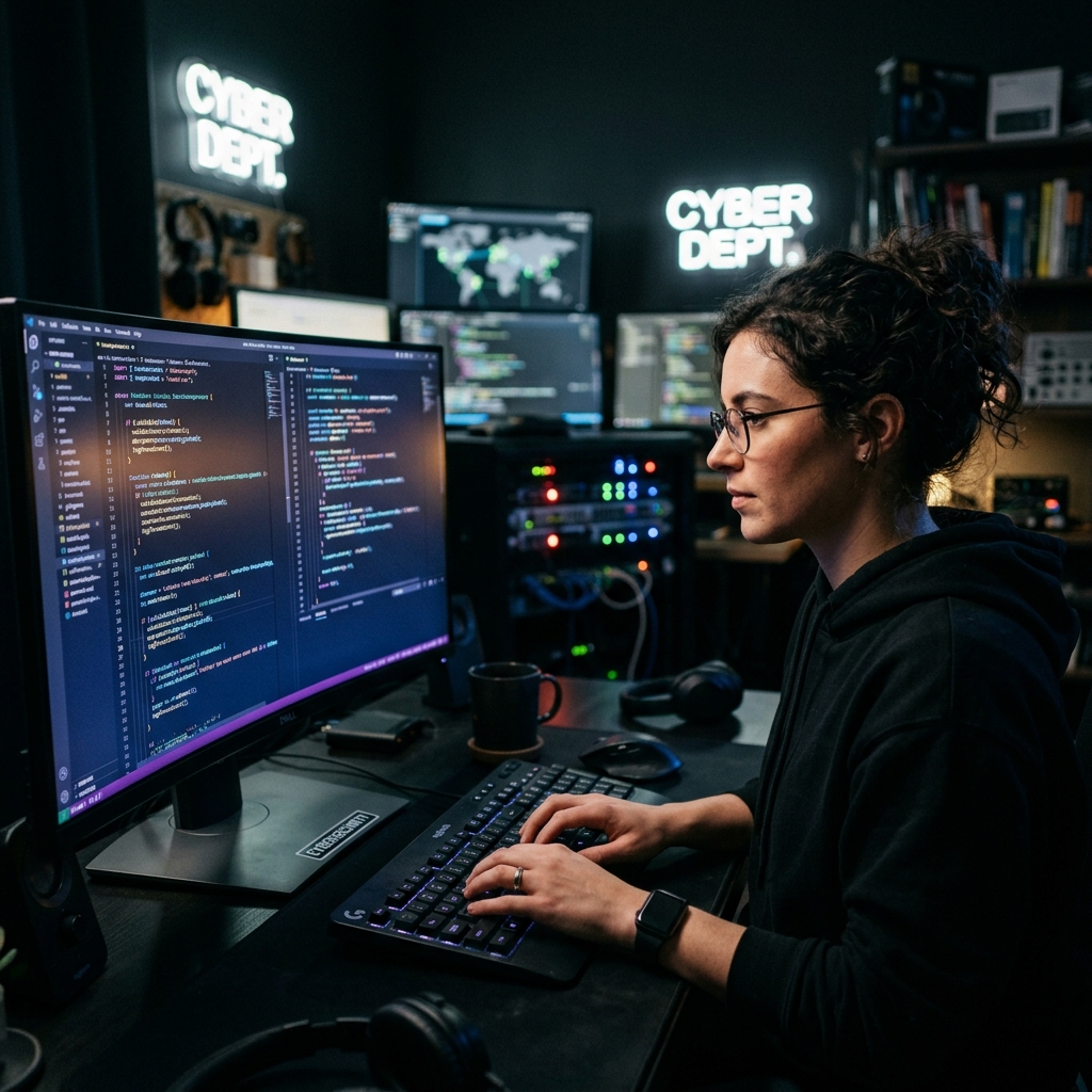 Professional engineer programming in dark room at Dev-Core
